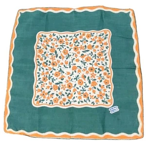 VTG HANKIE GREEN ORANGE BOLD PRINT FLORAL HAND ROLLED EDGE RETRO FUNKY BRIGHT - Picture 1 of 5