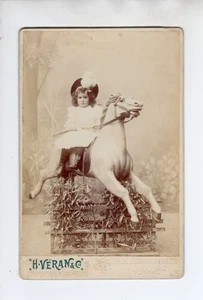 CABINET CARD – APPEALING IMAGE OF CHILD IN STUDIO ON WOODEN HORSE – PAU FRANCE - Picture 1 of 2