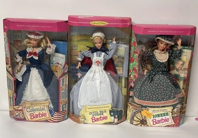 Lote de 3 muñecas Barbie coloniales 12578, enfermera de la guerra civil 14612 y pionera 12680 Foto 1 de 4