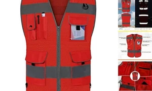 Mesh Safety Vest for Men Women 9 Pockets High X-Large Red Mesh-bison 03 - Picture 1 of 6