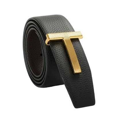 Tom Ford 双面皮革金色金属 T 形扣装饰皮带 US 42 IT 105 — 第 1/4 张图片