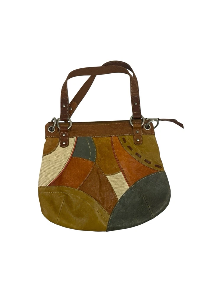 "Cartera de cuero fósil con retazos Bolso de hombro Bolso de mano Cremalleras Cierre 14,5"" H X 12,25"" L" Foto 1 de 4