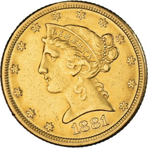 [#224262] Coin, United States, Coronet Head, $5, Half Eagle, 1881, U.S. M, int