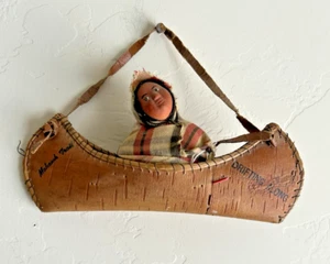 VTG Birchbark Skokum 8" Canoe Mohawk Trail Mass Native American Hanging Souvenir - Picture 1 of 11