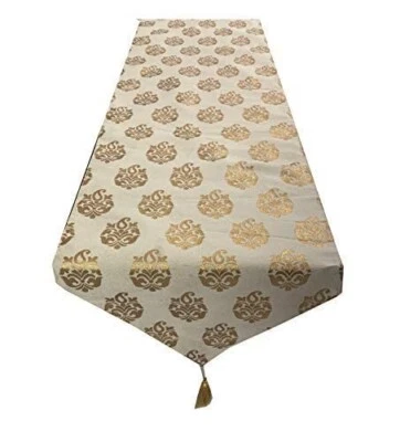 Dopian Silk Table Runner with gold print 13"X 70 " 1 Pc Beige - Image 1 of 3