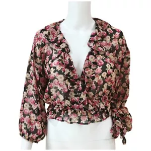 NEW zara Ruffles Top Blouse floral printed puff sleeve Black Pink Womens Small - Picture 1 of 6