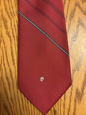 Pierre Cardin Necktie Deep Red & Navy Striped LOGO 3.5"  Wide Tie, EUC - Image 1 of 3
