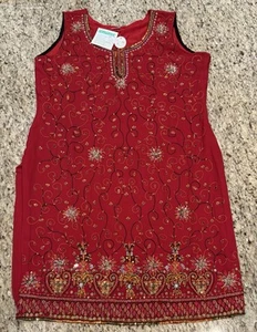 Womens Indian Clothing Beautiful Red Chiffon Kurta Shawl with Beading Size 43 - Picture 1 of 7