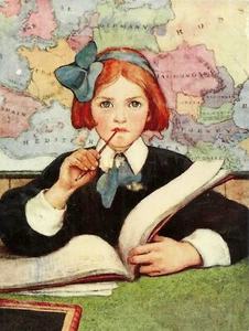 Postcard: Vintage Repro Print - Schoolgirl w Red Hair, Bow, Book, Map & Pencil - Picture 1 of 3