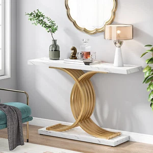 White Gold Console Table, 100 CM Long SofaTable with Geometric Metal Legs - Picture 1 of 10