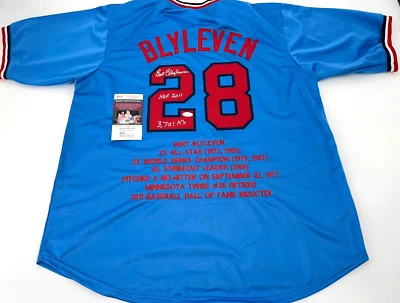 MINNESOTA TWINS BERT BLYLEVEN AUTOGRAPHED STITCHED JERSEY JSA COA W/INSC - Image 1 of 4
