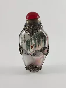 Vintage chinesischer Parfüm Schnupftabak Flakon Rückseite innen bemalt Metall Schmetterling - Bild 1 von 8