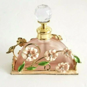 Perfume Bottle Pink with Enamel Flowers Crystal Glass Top Metal Dabber - Picture 1 of 9