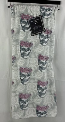 Decorative Grey Fleece Throw Blanket Skulls Wearing Pink Roses w/ Damask Pattern - Image 1 of 4