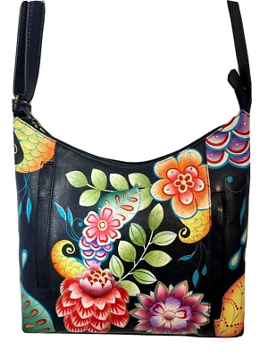 Bolsa de ombro de couro pintada à mão Anuschka com acessórios - Buquê retrô - Nova com etiquetas - Imagem 1 de 4