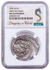 Fiji 2022 $1 1oz Silver Antiqued Welsh Dragon NGC MS70 Dragons of World Label