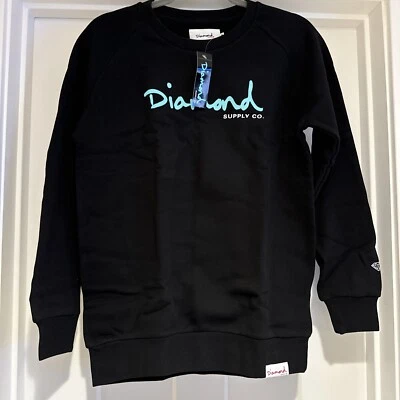 Diamond Supply OG SCRIPT CREW Sweatshirt Size Medium Black Teal NWT - Image 1 of 4