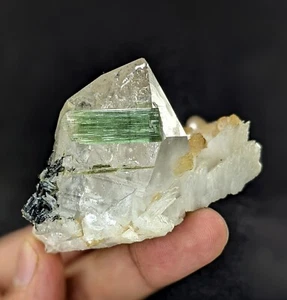 Cristales de turmalina verde bicolor con muestra mineral de cuarzo, mica y feldespato - Imagen 1 de 11