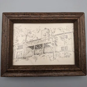 Feder & Tusche Zeichnung von Haus im Wald, signiert 19BC84 (BC 1984) - 6,125"x4,625" - Bild 1 von 12