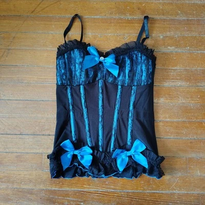 Sexy corsé de encaje negro y azul vintage Y2k coqueta gótico deshuesado bustier top grande Foto 1 de 4