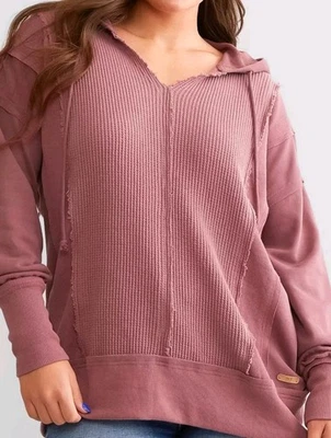 BKE Hebilla Rosa Marrón Gran Tamaño Borde Crudo Henley Sudadera con Capucha Camisa Talla L Foto 1 de 4