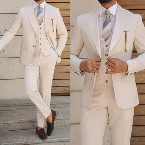 Men Beige Single Breasted Suit Peak Lapel Jacket Modern Business Elegant Custom - Picture 1 of 12