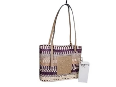 LOEWE Square Basket Handbag in Beige and Purple Raffia and Leather with Anagram - Image 1 of 4