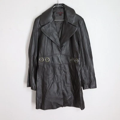 Abrigo Via Spiga para mujer L cuero negro ojal a presión forrado bolsillos de trinchera rodilla Foto 1 de 4