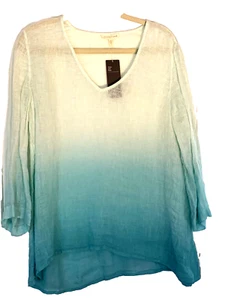 Eileen Fisher S Ombre Blue Aqua Linen Top NEW V Neck 3/4 Sleeves MSRP $178 - Picture 1 of 5