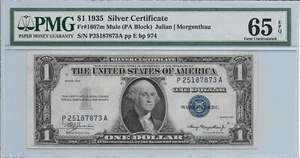 1935 $1 SILVER CERTIFICATE, PMG GEM Uncirculated 65 EPQ Banknote. P/A Block MULE - Picture 1 of 4