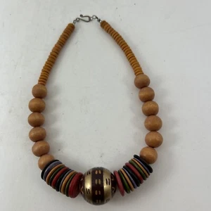 Vtg Boho Chunky Wood Beaded Necklace Multicolor 16” - Picture 1 of 11