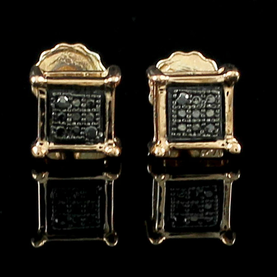 Aretes negros reales de diamantes genuinos enchapados en oro amarillo de 14K de ley Foto 1 de 4