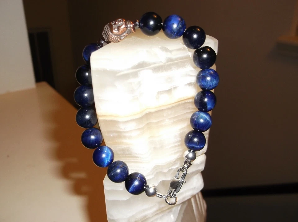 Pulsera con cuentas cabeza de Buda ojo de tigre azul 8 1/2" 10 mm para hombre Foto 1 de 1