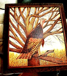 RARE 1977 HAND MADE SIGNED BERT PETERS ART PYROGRAPHY TURKEY WOOD BURNING - Picture 1 of 11