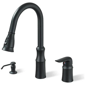 Commercial Matte Black Kitchen Faucet 3 Hole Pull Down Sprayer w/ Soap Dispenser - Picture 1 of 10