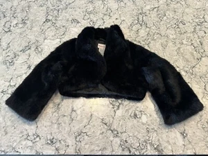 American Girl Black Faux Fur Girls Size 7 Open Bolero Shrug Jacket Satin Lined - Picture 1 of 4