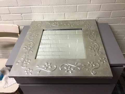 VINTAGE SQUARE EMBOSSED STAINLESS STEEL FRAMED MIRROR 24” X 24” HEAVY UNUSUAL Cover