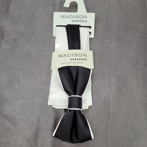 Madison Men's Dallas Bi-Color Solid Pocket Square & Bow Tie Set Black/White 58" - Picture 1 of 3