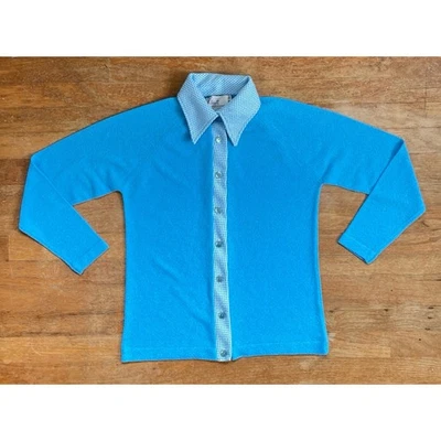 Vintage Knit Blouse Size Small 1960s Dagger Collar Checkered Long Sleeve Top - Image 1 of 4