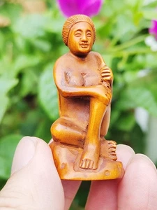 Sale - 2" Hand Carved Boxwood Netsuke Figurine Carving: Geisha Girl Lady Woman - Picture 1 of 6