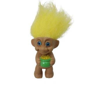 Lucky Troll Yellow Hair Blue Eyes Holding a Pot of Gold - Picture 1 of 4