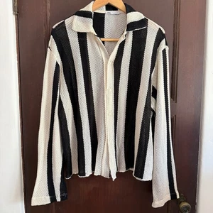 ZARA | Men's Open Weave Black and White Long Sleeve Button Down Mesh Shirt S/M - Picture 1 of 6
