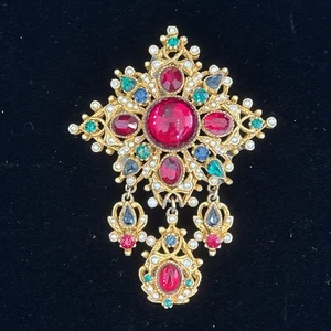 Vintage 60's Capri Mughal Jewels of India Brooch Gripoix Rhinestones Faux Pearl - Picture 1 of 10