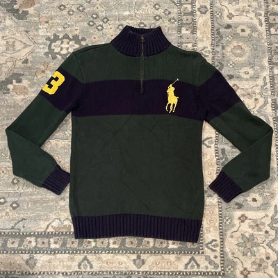 Boys POLO RALPH LAUREN 1/4 Zip Big Pony SWEATER  Sz L 14-16  Blue Green RUGBY - Image 1 of 4