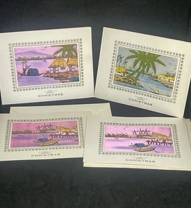 Tarjetas de Navidad Vietnam vintage años 60 Kim Long Saigón Vietnam seda pintadas a mano - Imagen 1 de 6