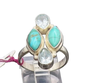 925 Silver Vintage 2 Stone Blue Topaz & Turquoise Solid Ring Sz 7.75 RG26827 - Picture 1 of 5