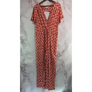 Anthropologie Jumpsuit Womens Medium Orange White Floral Wide Leg V Neck Pocket - Picture 1 of 11