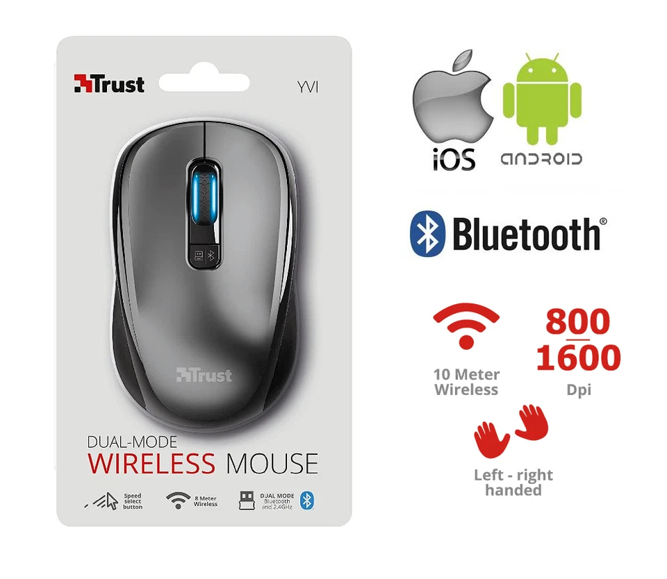 Mouse Ottico Trust Bluetooth per pc ipad tablet Ambidestro 1600 DPI 2 IN 1 USB