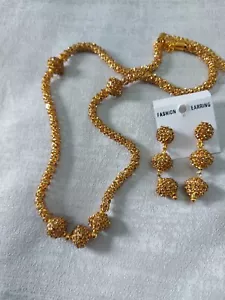 Indian jewellery traditional vintage long ball mala necklace set gold party - Picture 1 of 19