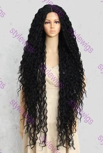 Jet Black Extra Long Full Body Spiral Curls Lace Front Human Hair Blend Wig EVGP - Picture 1 of 10